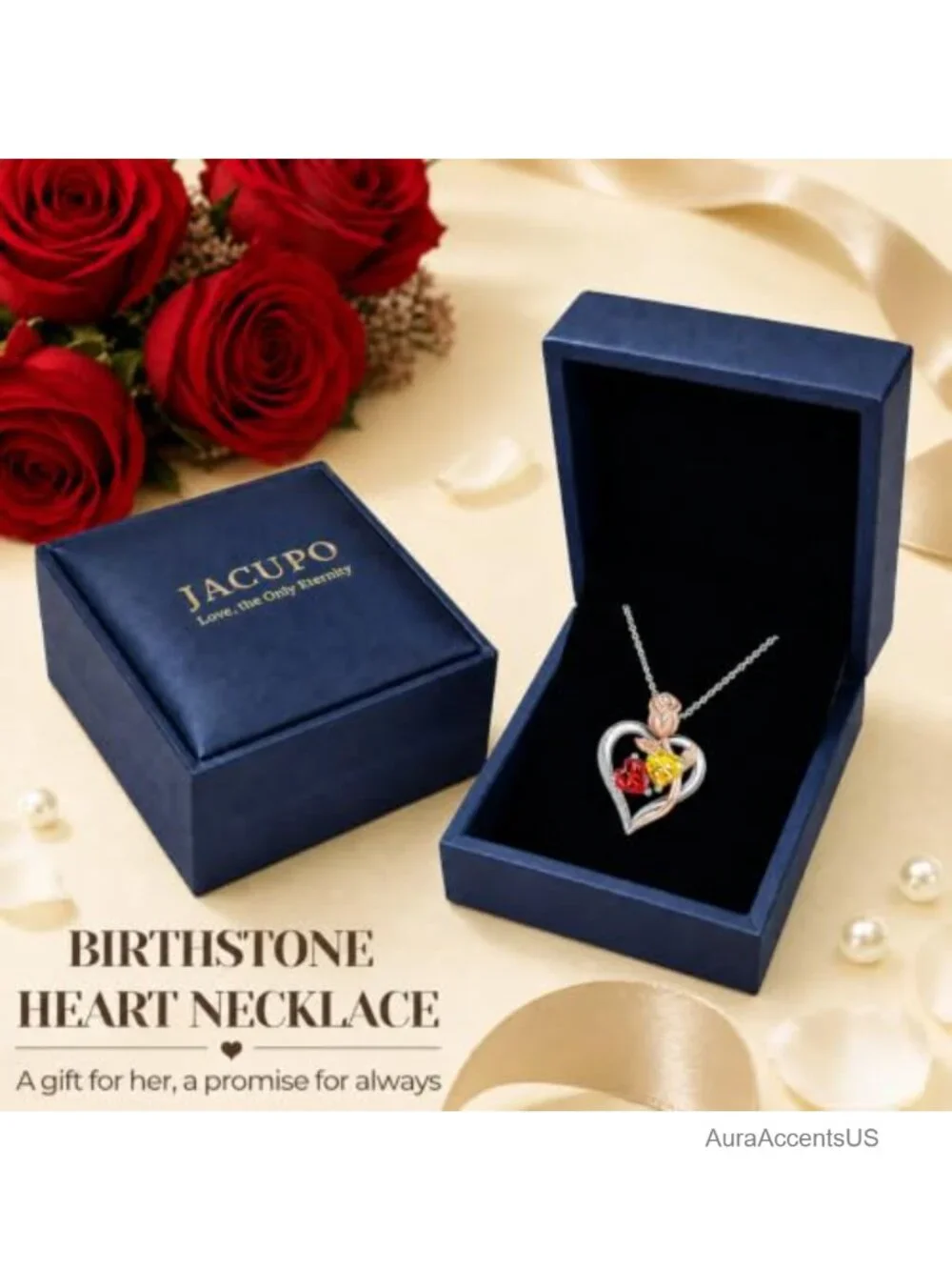 Sterling Silver Heart Birthstone Pendant Necklace, 18K White Gold Plated